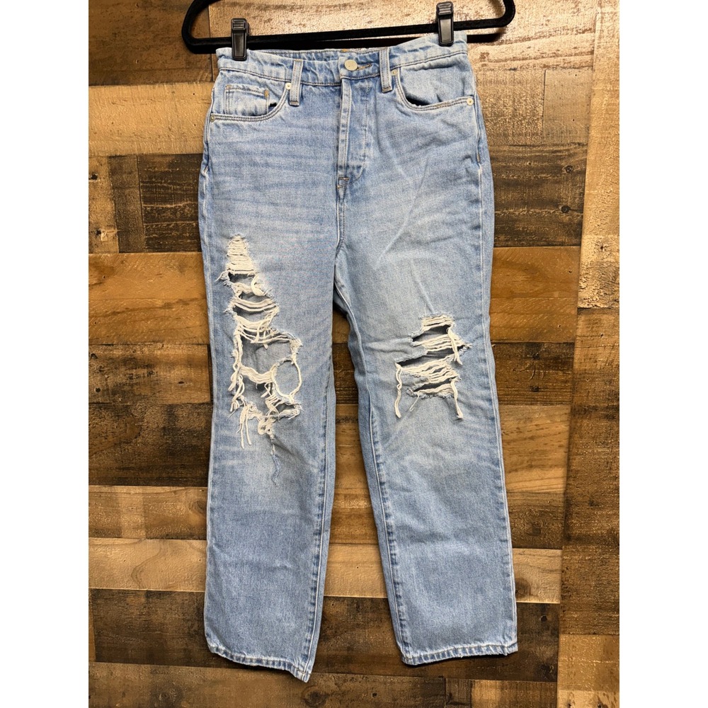 BLANKNYC High Rise Distressed Straight Leg Light Wash Button‎ Fly Jeans